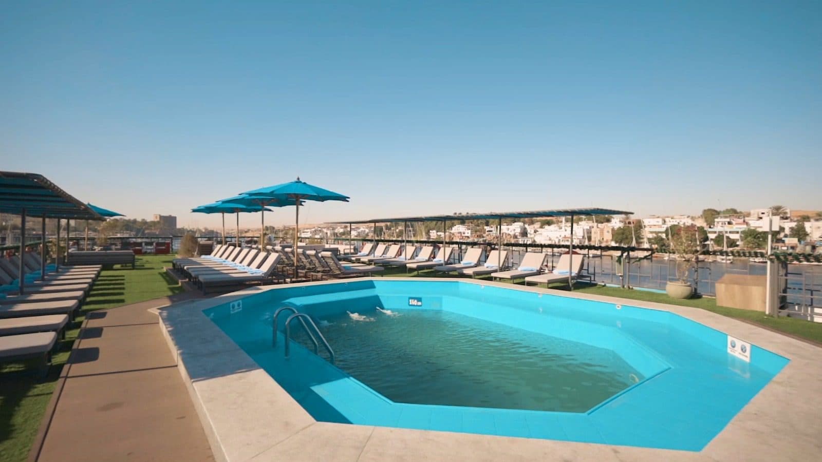 Pool and sun deck aboard a luxury Nile cruise ship