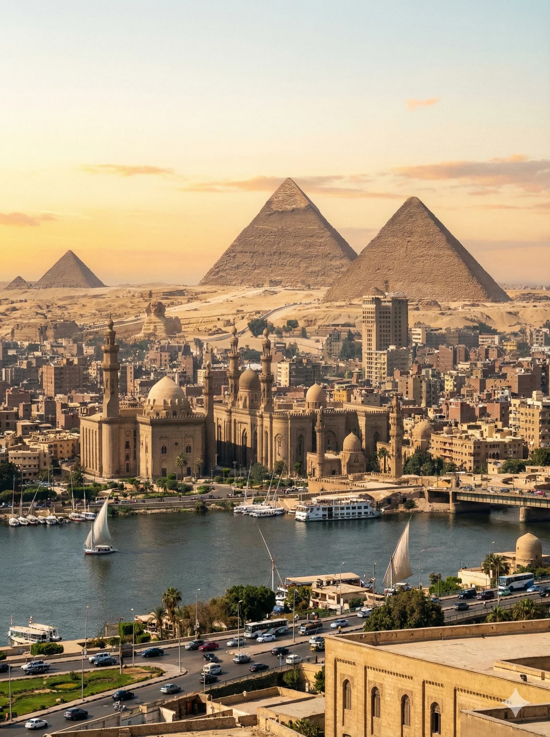 Cairo skyline, the Nile and the Giza pyramids