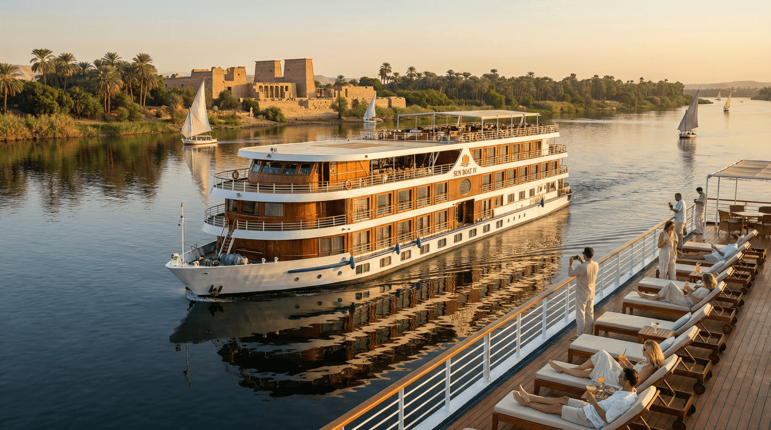 Nile cruise ship sailing from Luxor to Aswan past riverside temples