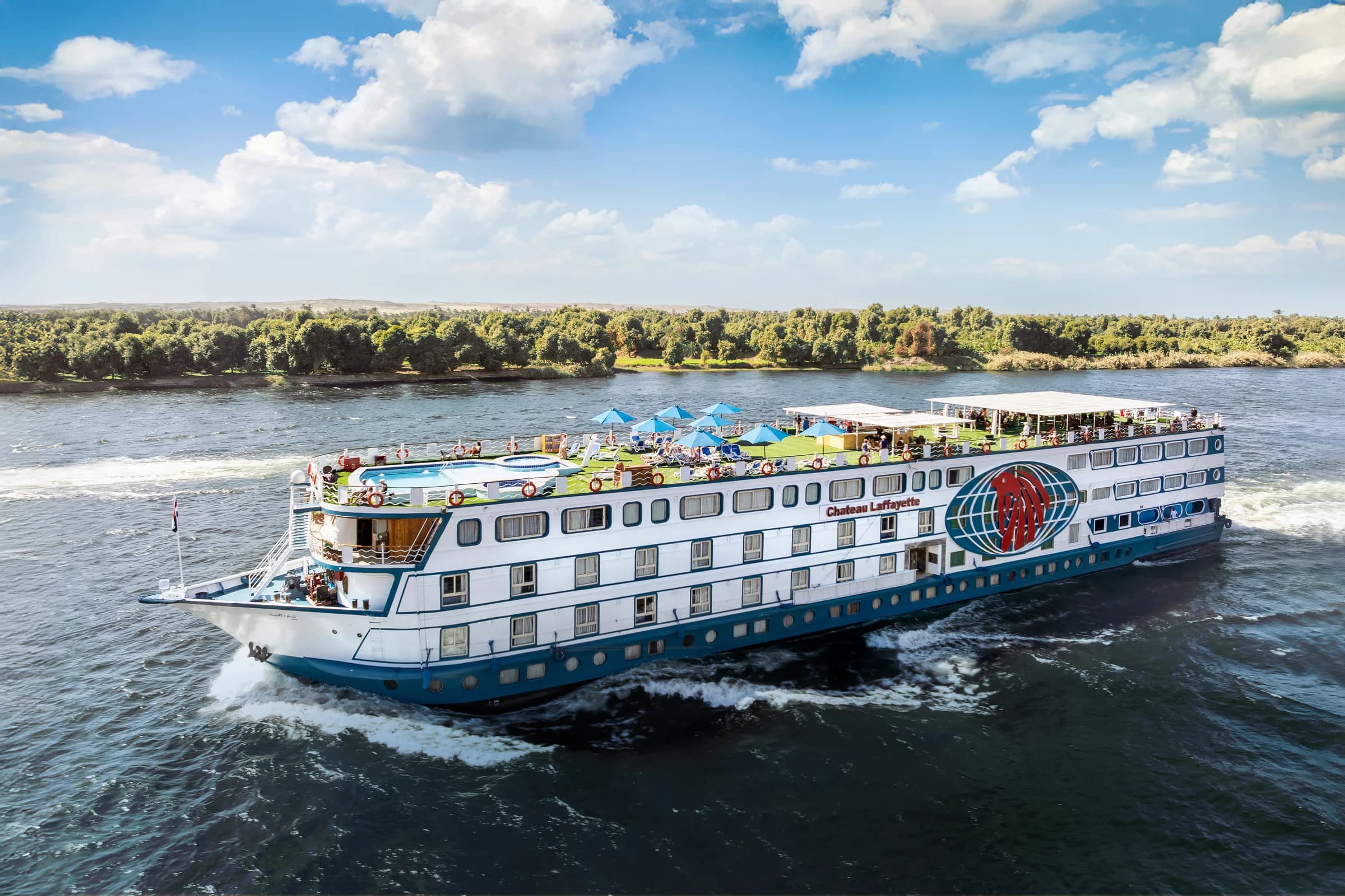 Aerial view of the M/S Chateau Lafayette on the Nile