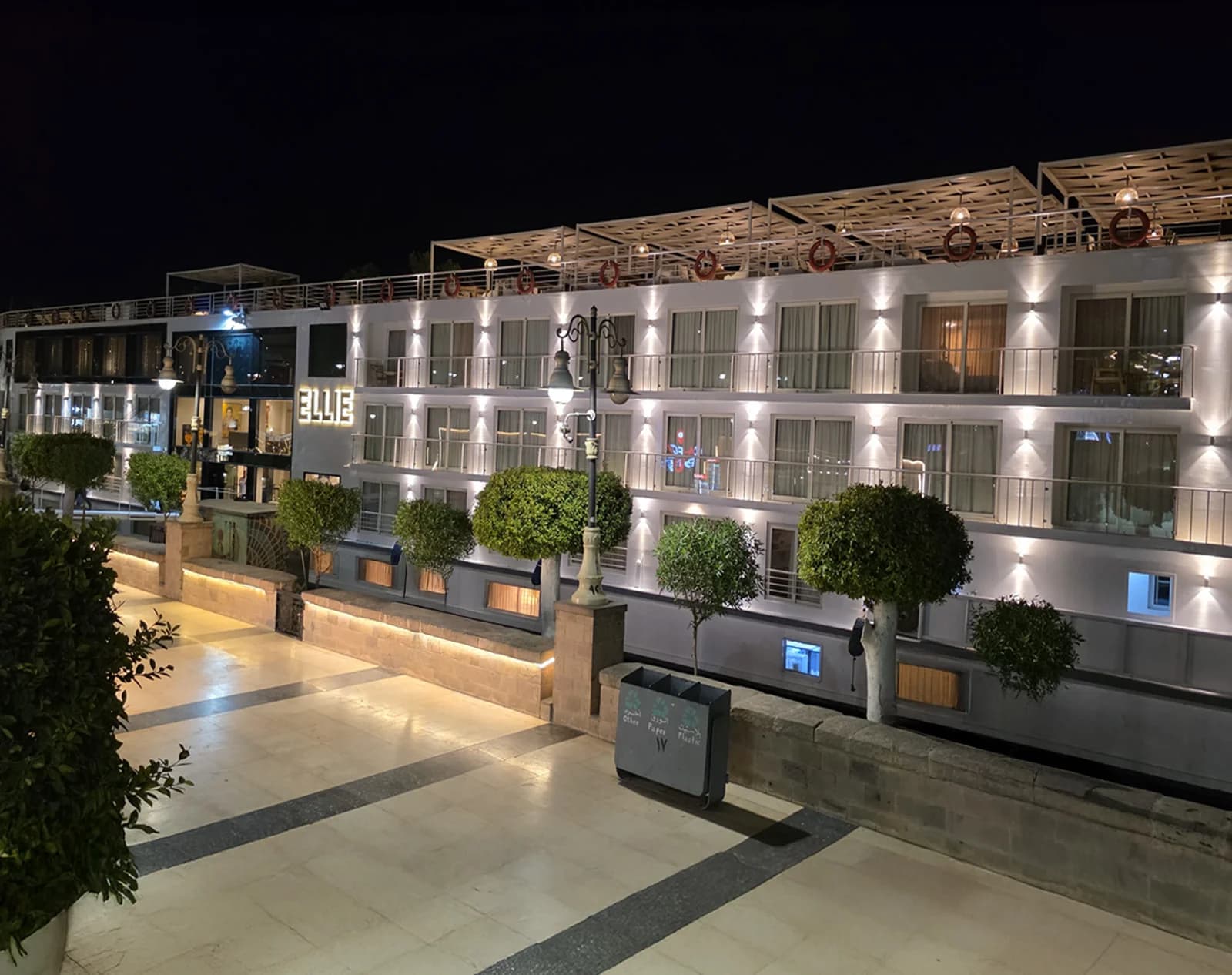 The Ellie Nile Cruise lit up at her mooring after dark
